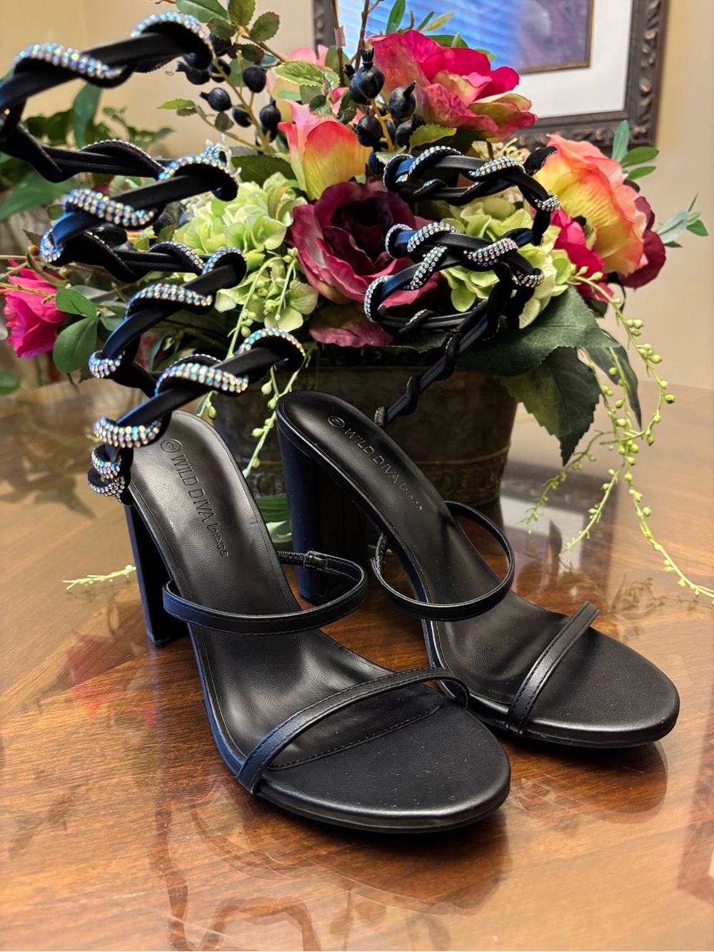 Wild Fiva Black Braided Rhinestone Strap Heels Size 9